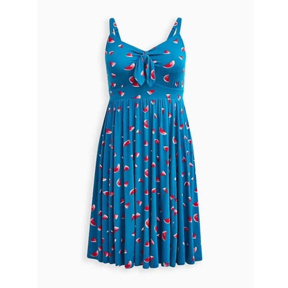 TORRID NWT TIE FRONT SKATER MINI DRESS - SUPER SOFT WATERMELONS BLUE - Picture 2 of 5